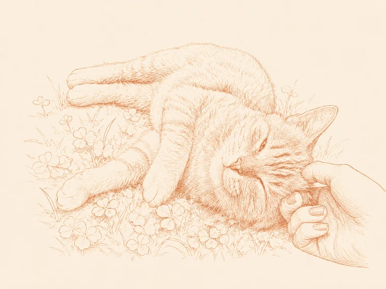 Fine-art ilustracija mačke koja se mazi u travi.