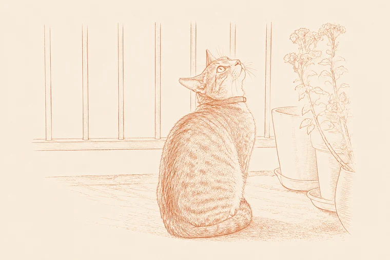 Fine-art ilustracija mačke pored prozora i biljke.